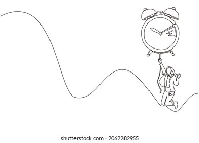 Single one line drawing happy businesswoman, manager or employee flying with big balloon alarm clock and hold rope. Time management business metaphor. Continuous line draw design vector illustration