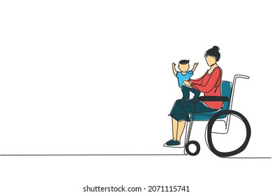 Single one line drawing happy disabled mother with her child. Disability woman holding baby in her arms. Family love concept. Physical disability and society. Continuous line draw design illustration