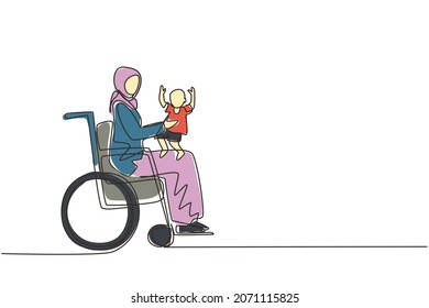 Single one line drawing happy disabled mother with her child. Disability Arabic woman holding baby in her arms. Family love concept. Physical disability and society. Continuous line draw design vector