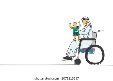 Einzelzeilenzeichnung glücklich behinderter Vater mit seinem Kind. Behinderung Arabianer Mann hält Baby in den Armen. Familienliebe-Konzept. Körperliche Behinderung. Design der kontinuierlichen Linien, Vektorgrafik