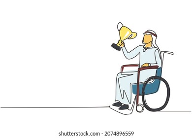 Single one line drawing happy Arabian man in wheelchair hold golden cup trophy winner podium  Disabled person  Tournament game competition  sport training  Continuous line draw design vector