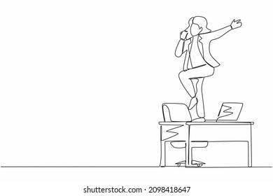 Single One Line Drawing Happy Office Worker Dancing On Desk. Young Businesswoman Dancing While Sitting At Desk. Having Fun At Work. Work From Home Concept. Continuous Line Draw Design Graphic Vector