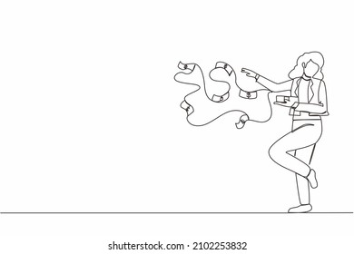 Single one line drawing happy businesswoman millionaire throw out pile of money banknotes flying into the air. Success and wealthy fortune entrepreneur. Continuous line draw design graphic vector