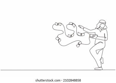 Single one line drawing happy Arabic businessman millionaire throw out pile of money banknotes flying into the air. Success and wealthy fortune entrepreneur. Continuous line draw design graphic vector