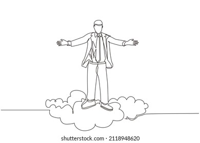 Una sola línea dibujando a un feliz hombre de negocios sobre la nube con las manos levantadas. Concepto de negocio exitoso. Libertad financiera, felicidad, paz. Ilustración vectorial de diseño de línea continua