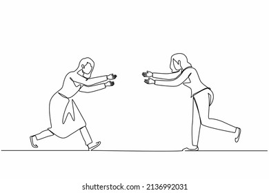 Single one line drawing happy girls meeting after long time, run towards each other and having fun. Joyful female welcoming friend with joy and positive emotions. Continuous line draw design vector