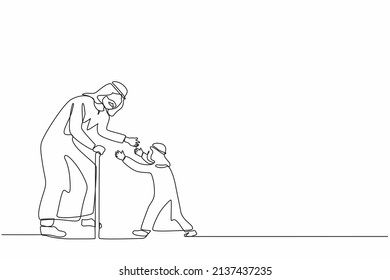Single one line drawing happy little boy running to hug his grandfather  Arab grandson visiting grandparents  Senior man welcoming grandchild at home  Continuous line draw design vector illustration