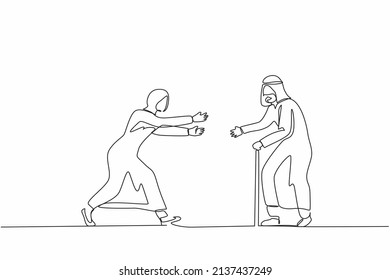 Single one line drawing happy Arab woman running to meet grandfather. Vacation at grandparents home. Father, senior male, retired, summertime, holiday. Continuous line draw design vector illustration