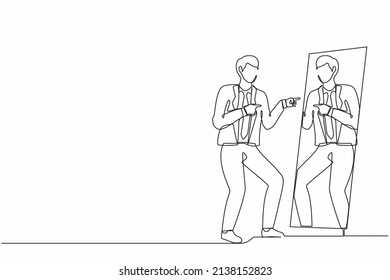Single one line drawing happy narcissistic businessman looks at mirror  Man self reflection  Narcissism   vanity  Look selfishness  narcissistic   admiring  Continuous line design graphic vector