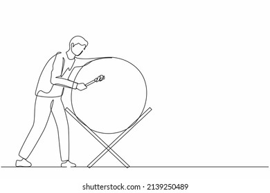 Single one line drawing happy man hitting bedug or traditional drum for suhoor and iftar time Ramadan. Muslim person calling other people to pray to mosque. Continuous line draw design graphic vector