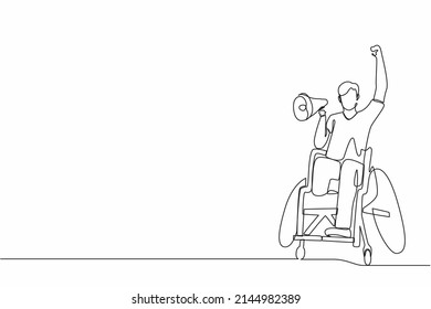 Single one line drawing happy disability young man in wheelchair celebrating winning of football team with megaphone. soccer fan wheelchair user. Continuous line draw design graphic vector