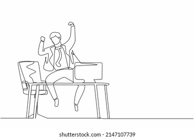 Single one line drawing happy businessman jump with raised hands on the his workplace. Male manager celebrating success of increasing company product sales. Continuous line draw design graphic vector