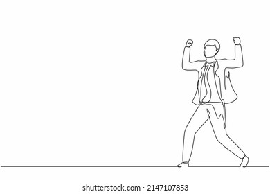 Single one line drawing happy businessman standing with raised his clenched hands. Male manager celebrating success of increasing company's product sales. Continuous line draw design graphic vector