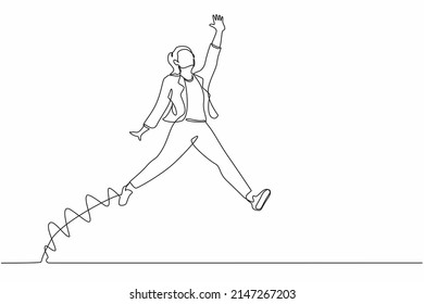 Single one line drawing happy businesswoman jumping with spreads both legs and raises one hand. Saleswoman celebrates salary increase from company. Continuous line design graphic vector illustration