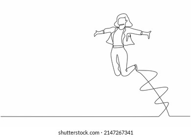 Single one line drawing happy businesswoman jump with raised his legs and spread his arms. Female manager celebrating success of increasing company's product sales. Continuous line draw design vector
