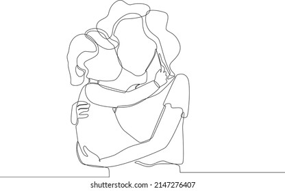 Dibujo de una sola línea Feliz madre joven con el pelo rizado sostiene a un bebé en sus brazos. Ilustración gráfica de vector de diseño de línea continua.
