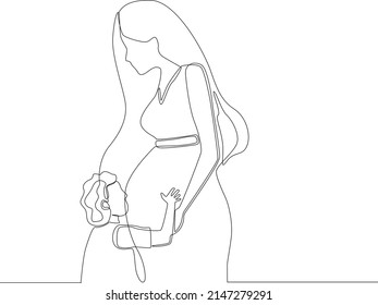 Single one line drawing Happy young mother pregnant. her big belly is kissed by her daughter. Continuous line draw design graphic vector illustration.