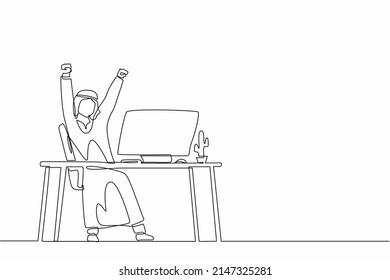 Single one line drawing happy Arab businessman sitting with raised hands on the his workplace. Office worker celebrates salary increase from company. Continuous line design graphic vector illustration