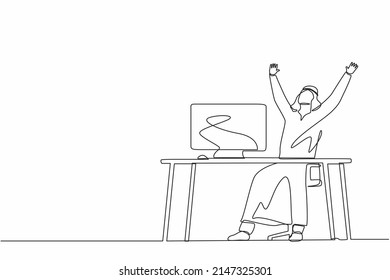 Single one line drawing happy Arab businessman sitting with raised hands on his workplace. Office worker celebrate success of company project. Continuous line draw design graphic vector illustration