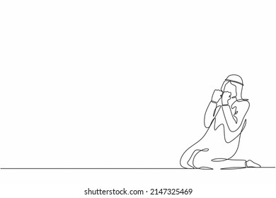 Single one line drawing happy Arab businessman kneeling with gesture of both hands yes. 
Salesman celebrates salary increase and benefits from company. Continuous line draw design vector illustration