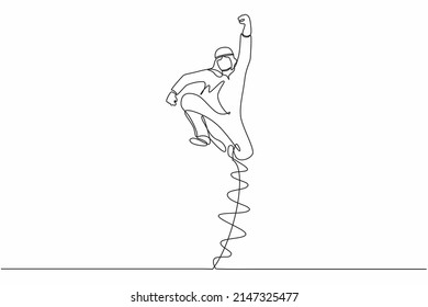 Single one line drawing happy Arab businessman jump with folds one leg and raises one hand. Male manager celebrating success of increasing company product sales. Continuous line design graphic vector