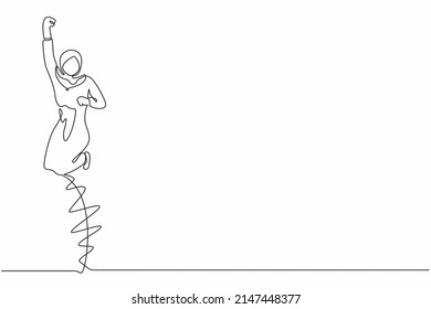 Single one line drawing happy Arab businesswoman jump with folds one leg and raises one hand. Female manager celebrating success of increasing company product sales. Continuous line draw design vector