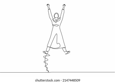 Single one line drawing happy Arabian businesswoman jumping with spread her arms and legs. Office worker celebrate success of company project. Continuous line draw design graphic vector illustration