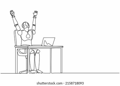 Single one line drawing happy robot at desk celebrating win with hands raised. Future technology development. Artificial intelligence and machine learning. Continuous line design vector illustration