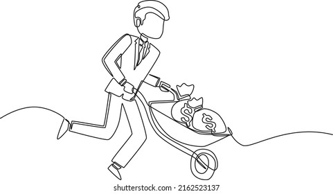 Single one line drawing happy businessman running and carrying money in a building trolley . Corporate Finance Concept. Continuous line draw design graphic vector illustration.