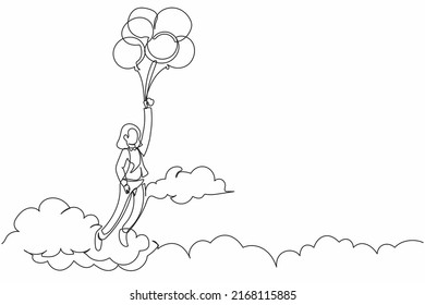 Single one line drawing happy businesswoman floating with flying balloon through cloud. Manager reaches goal, achieve target, finds solution. Continuous line draw design graphic vector illustration