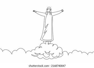 Single one line drawing happy Arab businessman on top of cloud with raised hand. Successful business office manager. Financial freedom concept. Continuous line draw design graphic vector illustration