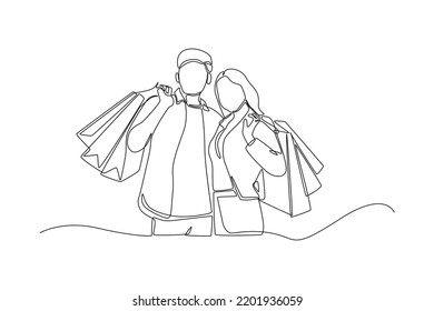 Single one line drawing happy couple with bags shopping on black friday. Black Friday concept. Continuous line draw design graphic vector illustration.