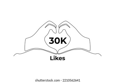 Single one line drawing happy love hands for 30K likes. Happy banner celebrate. Social media achievement concept. Continuous line draw design graphic vector illustration.