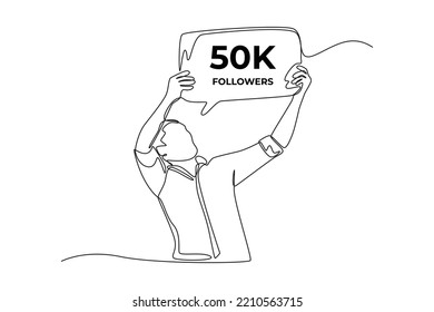 Single one line drawing. Happy man gets 50K followers. Social media achievement concept. Continuous line draw design graphic vector illustration.