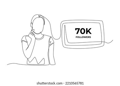 Single one line drawing happy woman gets 70K followers. Social media achievement concept. Continuous line draw design graphic vector illustration.