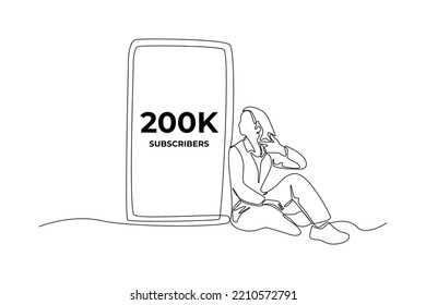 Single one line drawing happy female gets 200k subscribers on screen smartphone. Happy banner celebrate. Social media achievement concept. Continuous line draw design graphic vector illustration.