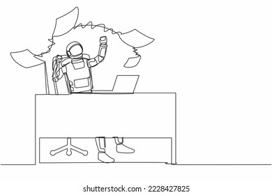 Single one line drawing happy astronaut throwing paper documents in air at working desk. Enjoying space business success. Cosmic galaxy space. Continuous line draw graphic design vector illustration