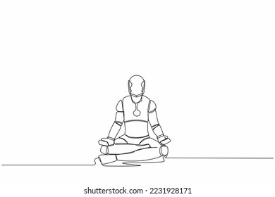 Single one line drawing happy robot sitting with yoga pose, meditation. Relaxed robotic operation. Artificial intelligence. Technology industry. Continuous line draw graphic design vector illustration
