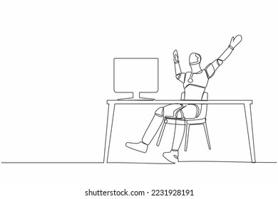 Single one line drawing happy robot sitting with raised hands near desk with computer. Artificial intelligence. Electronic technology industry. Continuous line draw graphic design vector illustration