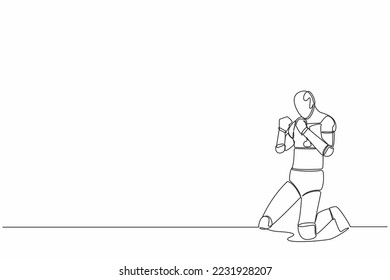 Single one line drawing of happy robot kneeling with both hands yes gesture. Success business goal target. Artificial intelligence. Technology industry. Continuous line draw design vector illustration