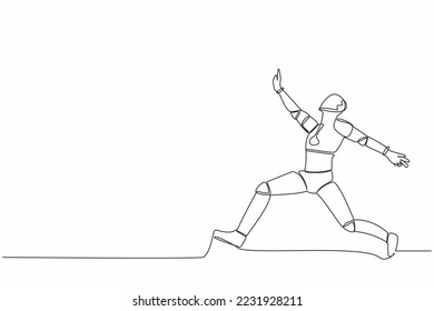 Single one line drawing of happy robot jumping with spreads both legs and raise one hand. Future artificial intelligence. Modern technology industry. Continuous line graphic design vector illustration