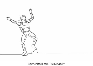 Single one line drawing happy astronaut jumping with both hands raised. Successful in launching spacecraft rocket project. Cosmic galaxy space. Continuous line draw graphic design vector illustration