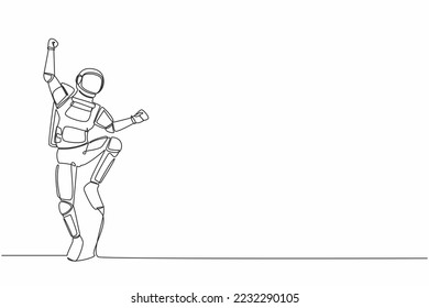 Single one line drawing of happy astronaut jump with folds one leg and raises one hand. Winning spaceship business project. Cosmic galaxy space. Continuous line draw graphic design vector illustration svg