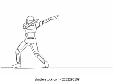 Single one line drawing happy astronaut standing with crossing arms and look down. Cheerful expression after interstellar journey. Cosmic galaxy space. Continuous line draw design vector illustration