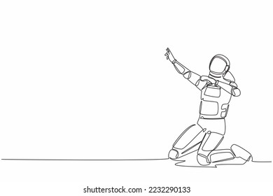Single one line drawing happy astronaut kneeling with celebrating goal pose. Successful spaceship business project. Cosmic galaxy space concept. Continuous line draw graphic design vector illustration
