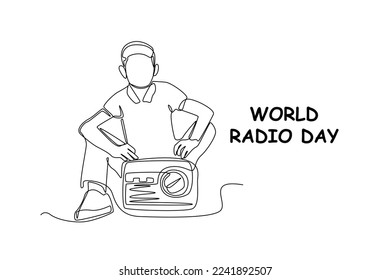 Single one line drawing happy young boy holding a radio. World radio day concept. Continuous line draw design graphic vector illustration.