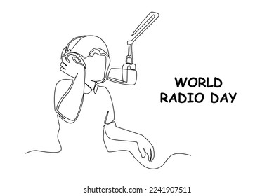 Single one line drawing happy young boy broadcast a radio. World radio day concept. Continuous line draw design graphic vector illustration.