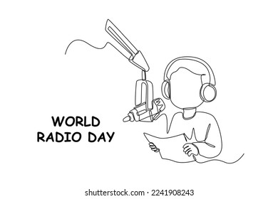 Single one line drawing happy young boy reading script to broadcast radio. World radio day concept. Continuous line draw design graphic vector illustration.