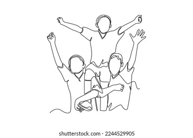 Single one line drawing happy children winning the soccer playing. Team work concept. Continuous line draw design graphic vector illustration.