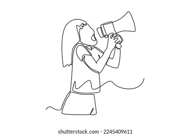 Single one line drawing happy little girl holding megaphone making announcement. Marketing Concept. Continuous line draw design graphic vector illustration.